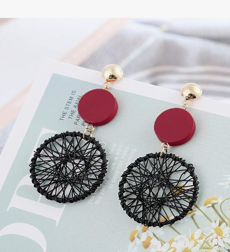 Boho French Wire Dangle Earrings mambillia red and black 