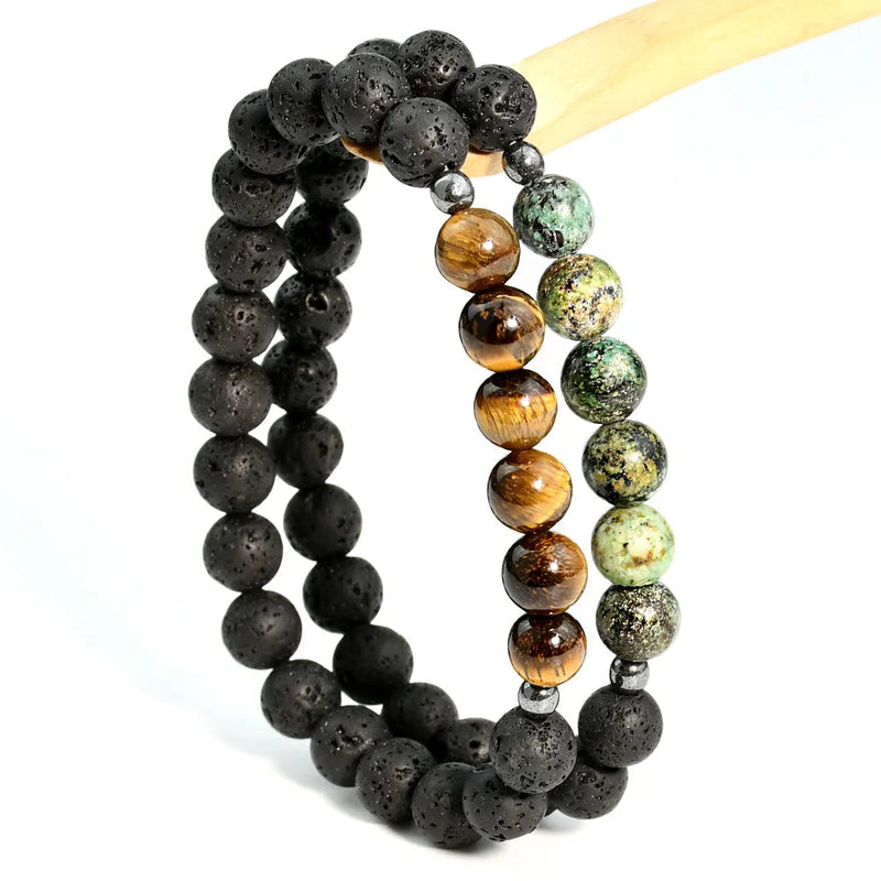 Men’s Lava Bead Natural Stone Tiger Eye Stretchy Bracelet Set mambillia 