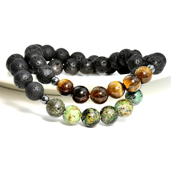 Men’s Lava Bead Natural Stone Tiger Eye Stretchy Bracelet Set mambillia 