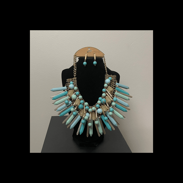 Blue Green Tribal Statement Necklace and Earring Set Necklaces mambillia 