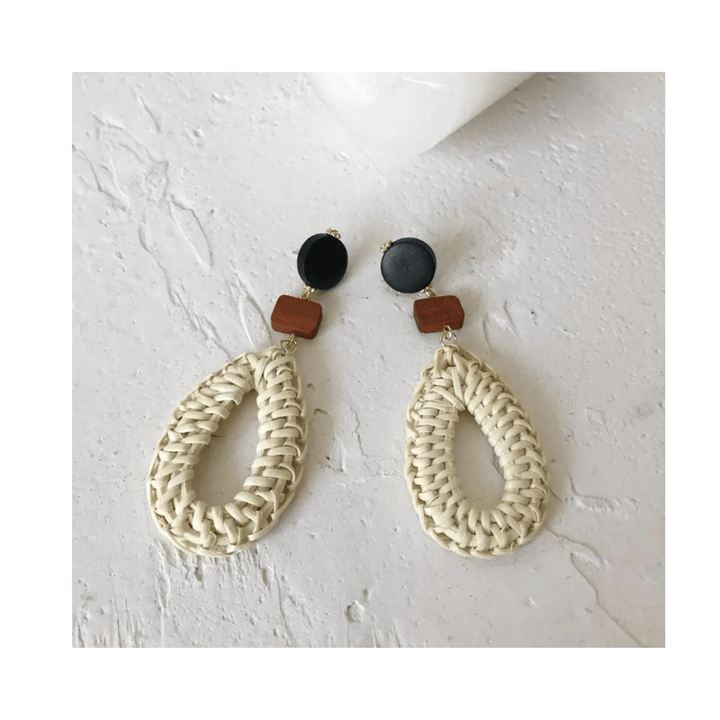 Ethnic Wood Straw Rattan Oval Water Drop Earrings mambillia 