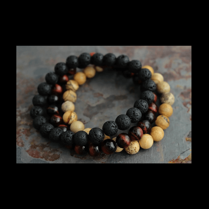 Mens Bracelet Set - Tigers Eye, Sand Jasper w/ Lava Stone mambillia 