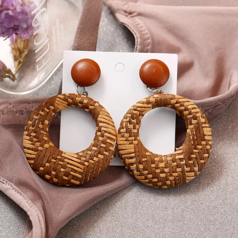 New Bohemian Style Wood Bamboo Rattan Earrings mambillia 