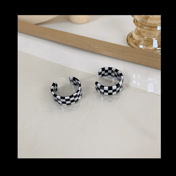 Plaid Black and White Hoop Earrings Plaid Earrings mambillia Small 