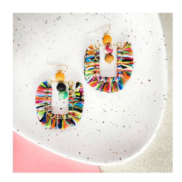 Rainbow Colored Tasseled Horseshoe Drop Earrings. mambillia 