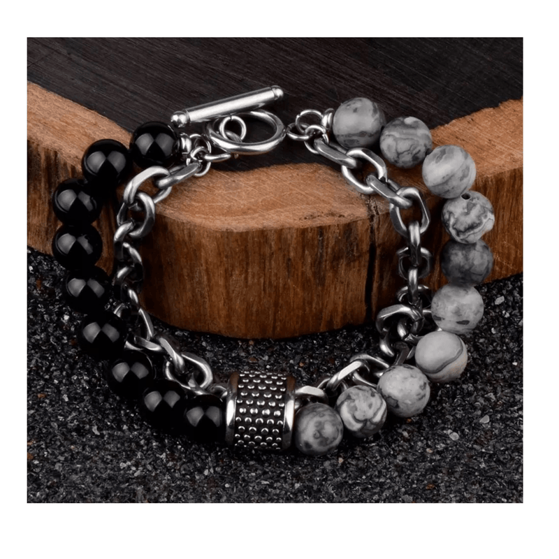 Stone Bead and Steel Bracelets mambillia Black Tourmaline and Mapstone 7.5 inches 