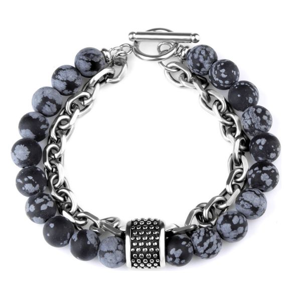 Stone Bead and Steel Bracelets mambillia Snowflake Obsidian 7.5 inches 