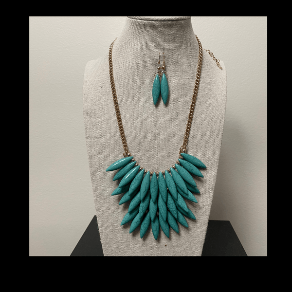 Three Layer Stone Necklace and Earring Set mambillia Teal 