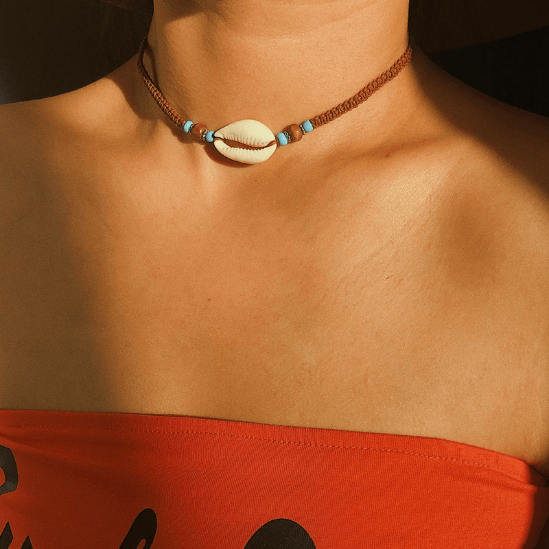 Turquoise Bead and Cowrie Choker Necklace Necklaces mambillia Brown 