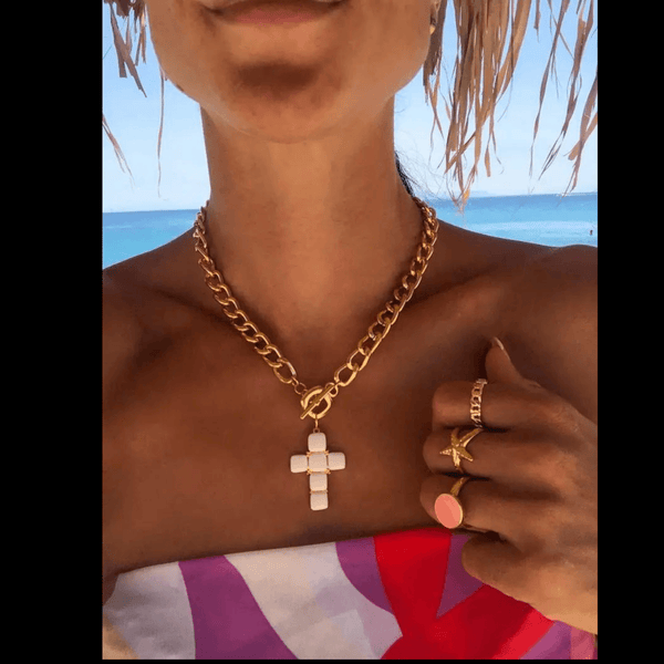 White Cross Necklace with Gold Chain For Women mambillia 